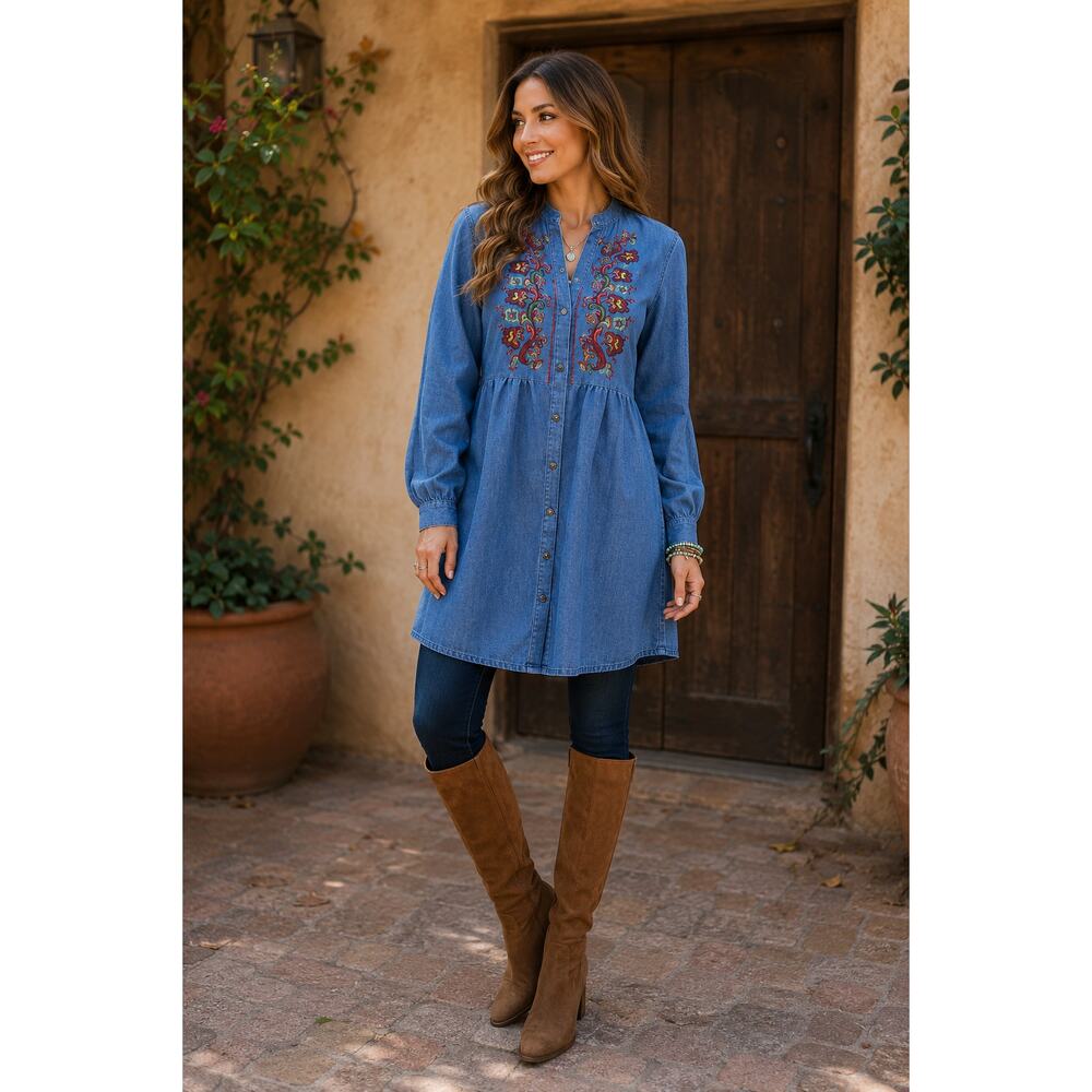 Zxtremz Embroidered Chambray Cotton Tunic Dress Medium Boho